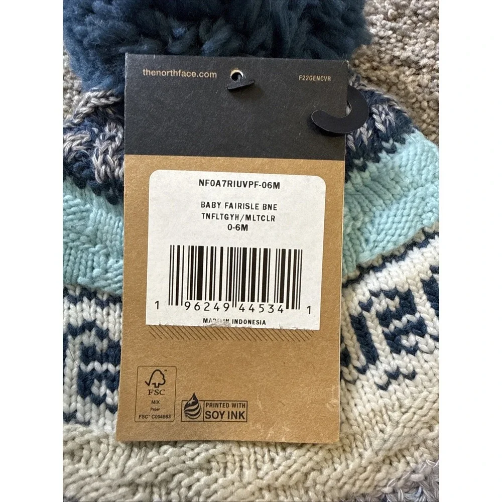 NWT $30 North Face Blue & Beige Baby‎ Fairisle Beanie 0-6 months